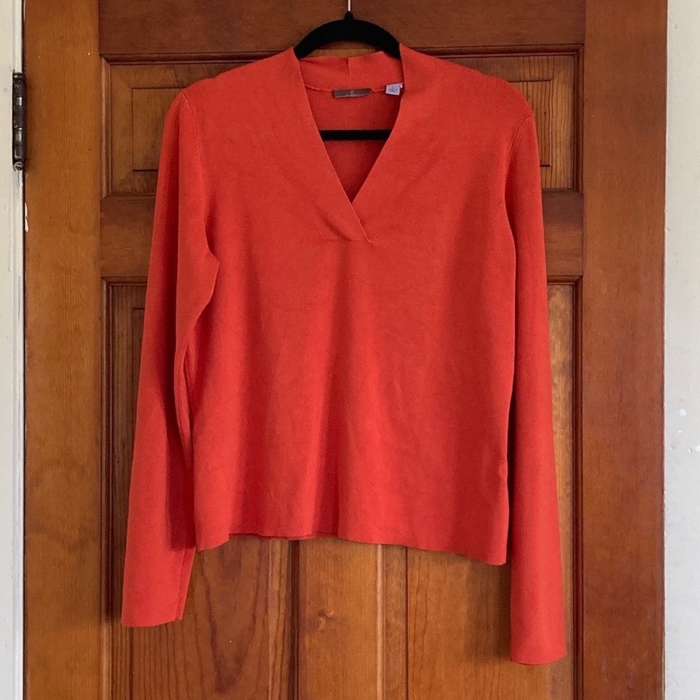 Cullen Womens L Orange Luxury Silk Blend V-Neck Long Sleeve Knit Sweater Classic